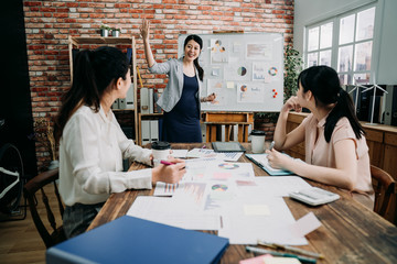 group of creative female people doing brainstorming meeting in modern studio. three women colleagues in board room discussing project. pregnant manager lady standing at white board give presentation