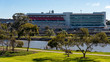 The Flemington Racecourse grandstands in front of the Maribynong River in Melbourne, Australia