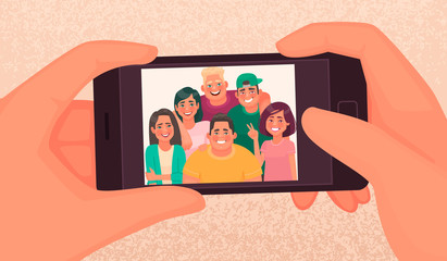 Happy friends guys and girls take a selfie. Photo of young people made on a smartphone. Vector illustration