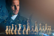 © whyframeshot - business man strategy brainstorm chess board game with hand touch black background with free copy space for your text