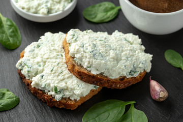 Wall Mural - Ricotta cheese spinach sandwich with coffee. healthy breakfast