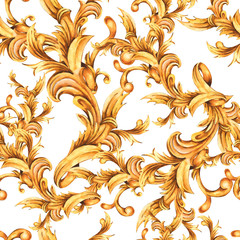 Wall Mural - Watercolor golden baroque floral seamless pattern with curl, rococo ornament. Hand drawn gold scroll, leaves isolated on white background