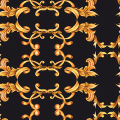 Wall Mural - Watercolor golden baroque seamless pattern, rococo ornament texture. Hand drawn gold scrolls, swirl, leaves.