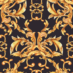 Wall Mural - Watercolor golden baroque seamless pattern, rococo ornament texture. Hand drawn gold scrolls, swirl, leaves.