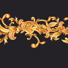 Wall Mural - Watercolor golden baroque floral seamless border with curl, rococo ornament.