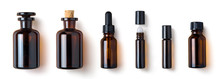 Various Amber Glass Bottles For Cosmetics, Natural Medicine , Essential Oils Or Other Liquids Isolated On A White Background, Top View