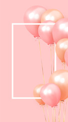 Festive background with helium balloons. Celebrate a birthday, Poster, banner happy anniversary. copy space for text. Vector 3d object ballon with ribbon, pink color.