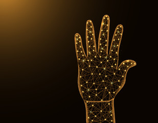 Wall Mural - Human palm of the hand low poly model, gesture in polygonal style, body part wireframe vector illustration made from points and lines on dark yellow background