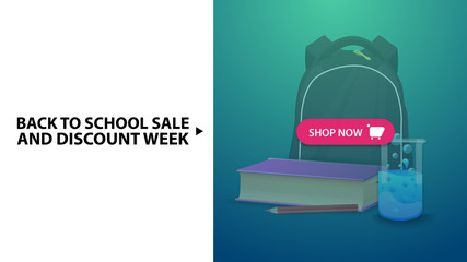 Wall Mural - Back to school and discount week, blue horizontal discount web banner with school backpack, a book and a chemical flask