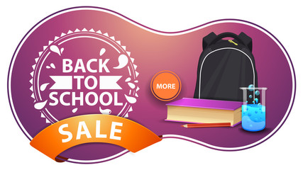 Wall Mural - Back to school sale, modern pink discount banner with school backpack, a book and a chemical flask