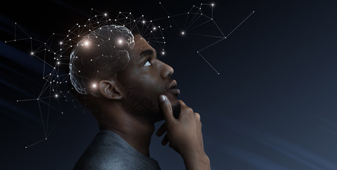 Ideas escape from brain of pensive african man