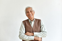 Asian Senior Old Man, Confident And Smiling Elderly People With Folded Arms Gesture On White Background, Happy Retiree Citizen Concept.