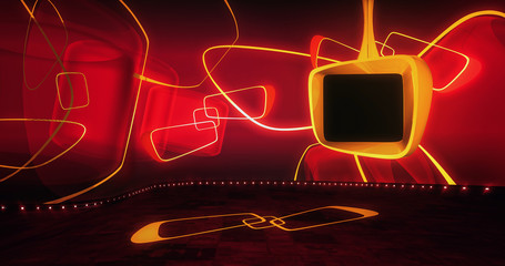 Wall Mural - rendering of a virtual studio, backdrop for live broadcasting or tv shows with green screen