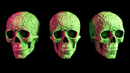 Three colorful neon skull halloween or mexican day of the dead Día de Muertos. Kalamkari pattern. Black yellow background. 3d render. 80s 70s 60s.