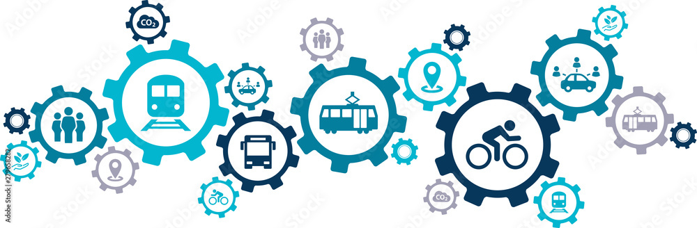 new mobility icon concept – ecological public transport alternatives: bus, bike, car sharing, train - vector illustration - obrazy, fototapety, plakaty 