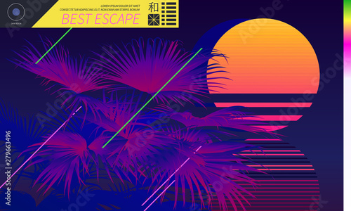 purple tropical palm sunset vaporwave background