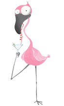 Funny Flamingo With Cocktail. Hand Drawn Illustration
