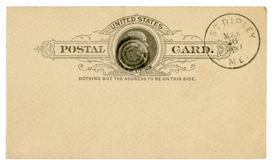 West Ripley, Maine, The USA - 26 March 1889: Blanked US historical Postal Card with black text in vignette, Imprinted One Cent Thomas Jefferson stamp, Fancy cancel