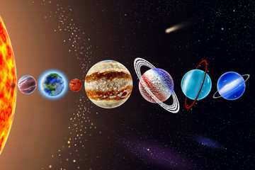 Wall Mural - Planets of the solar system on background Sun and starry sky