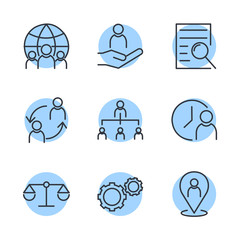 Aufkleber - Icons Set of Team Work Related Vector Simple Line. Management line icons. Startup strategy and Employees linear icons. Business strategy, Startup and Teamwork symbols.