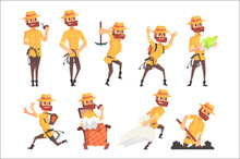 Adventurer Archeologist In Safari Suit With A Whip Set Of Activity Illustrations