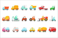 Public Service, Construction And Road Working Cars Set Of Colorful Toy Cartoon Icons