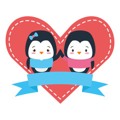 Canvas Print - cute couple penguin animals heart love ribbon