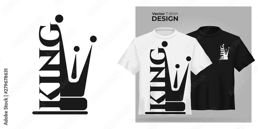 Vector male t-shirt mock up set with flat icon king with  prince crown silhouette. 3d realistic shirt template. Black and white boy tee mockup, front view design, man royal pattern - obrazy, fototapety, plakaty 