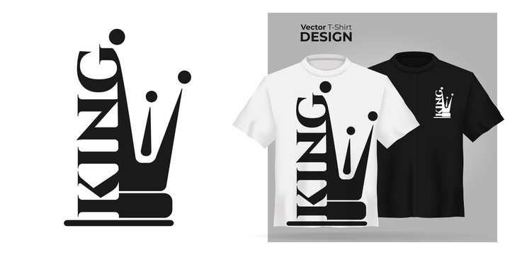 Wall Mural - Vector male t-shirt mock up set with flat icon king with  prince crown silhouette. 3d realistic shirt template. Black and white boy tee mockup, front view design, man royal pattern