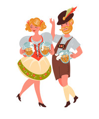 Wall Mural - Man and woman in German traditional clothes of waiters with Oktoberfest beer mugs flat vector cartoon characters isolated on white background. Autumn beer festival banner concept.