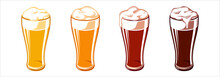 Set Of Types Of Beer For Oktoberfest In Weizen Glass Mugs. Light, Pilsner, Wheat, White, Lager, Ale, Cold, Red, Marzen, Pale, Bock, Brown, Porter, Dark, Stout. Vector Hand Drawn Illustration