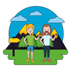 Wall Mural - man and woman camping forest mountains