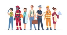 Characters Professions. Factory Workers Business People Engineer And Doctor Community Concept. Vector Different Role Man Engineering Career Professionals