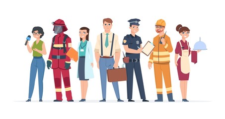 Characters professions. Factory workers business people engineer and doctor community concept. Vector different role man engineering career professionals