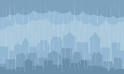 Rain in city landscape. Vector illustration background.