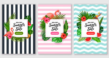 Summer Sale Poster Set. Tropical Banner Frame Design Template. Vector Illustration Of Palm Leaves, Flamingo And Flowers