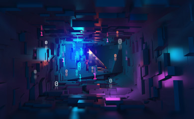 Wall Mural - Neon light, ultraviolet. Cyberspace and virtual reality 3d illustration. Inside spacecraft. Fantastic tunnel, digital city, binary code. Quantum processor and future technologies