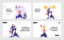 Businesspeople On Top Of Success Website Landing Page Set, Business Men, Women Stand On Peak Of Mountain With Red Flag, Leadership, Vision Challenge, Web Page. Cartoon Flat Vector Illustration, Banner