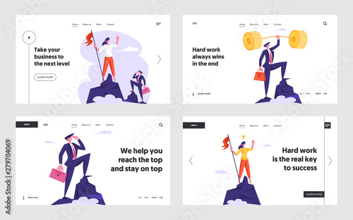 Cuadros en Lienzo Businesspeople on Top of Success Website Landing Page Set, Business Men, Women Stand on Peak of Mountain with red Flag, Leadership, Vision Challenge, Web Page