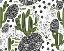 Vector Seamless Pattern With Cactus On White Background. Summer Plants, Flowers And Leaves. Natural Floral Bright Design. Botanical Illustration.