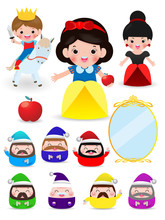 Snow White And The Seven Dwarfs, Snow White On White Background, Prince, Princess And Dwarfs And Witch, Vector Illustration