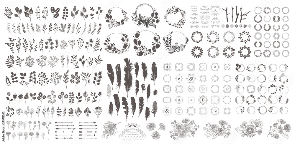 Big set with wreath, design elements, frames, calligraphic. Vector floral illustration with branches, berries, feathers and leaves. Nature frame on white background. - obrazy, fototapety, plakaty 