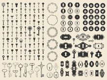 Vector Illustration With Design Elements For Decoration. Big Silhouettes And Icon Set Of Keys, Locks, Old Keyhole On Black Background. Vintage Style.