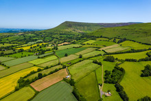 Aerial View Of Green Fields And Farmlands In Rural Wales