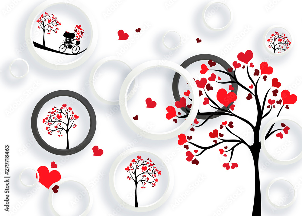 3d mural valentine love background with circles and hearts tree - obrazy, fototapety, plakaty 