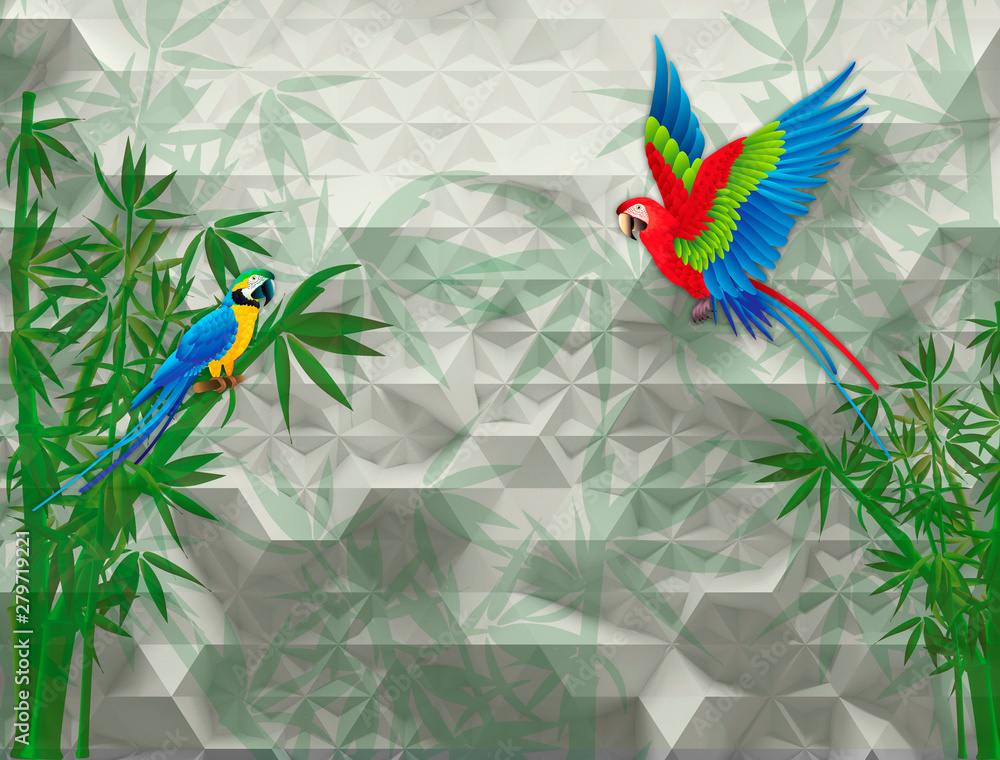 3d-mural-streszczenie-tlo-z-biala-i-szara-geometryczna-tapeta-z-papuga-i-zielona-galazka