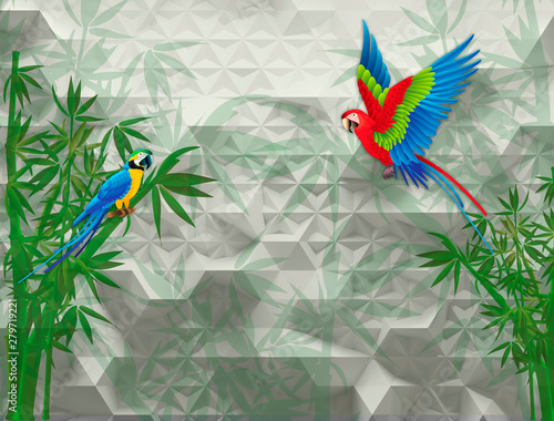 Naklejka na szybę 3d mural Abstract background with white and gray geometric wallpaper with parrot and green branch