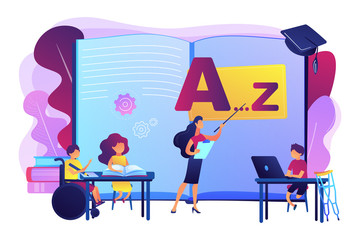 Wall Mural - Disabled children studying in school. Learning program. Inclusive education, social and communicative competence, inclusive environment concept. Bright vibrant violet vector isolated illustration