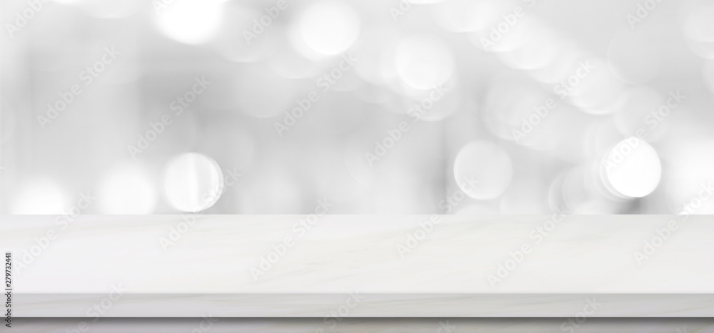 Empty white table top, counter, desk background over blur perspective bokeh light background, White marble stone table, shelf and blurred kitchen restaurant for food, product display mockup, template - obrazy, fototapety, plakaty 