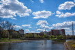 Flint, Michigan skyline and the Flint River. Known widely for their water quality and safety issues. Shot in on a beautiful spring day.